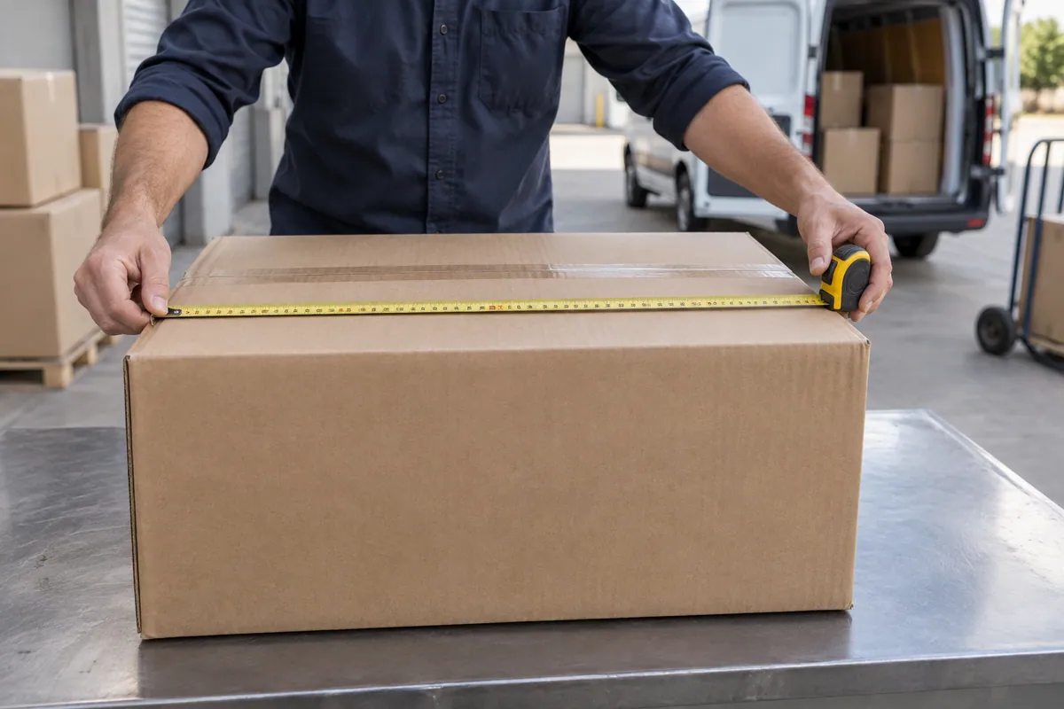 Illustrative close-up of hands using a tape measure across a shipping carton
