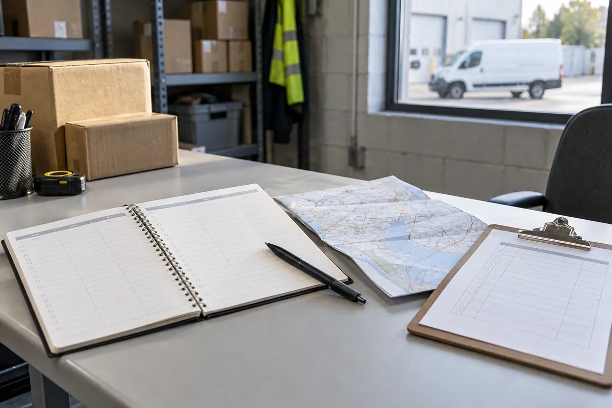 Illustrative rental planning workspace with a weekly notebook, route map and clipboard