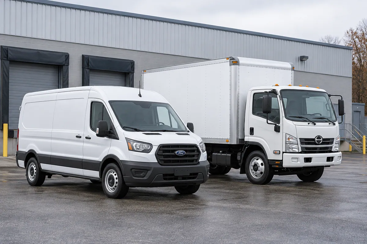 Illustrative white cargo van and cab-over box truck parked side by side at a loading yard