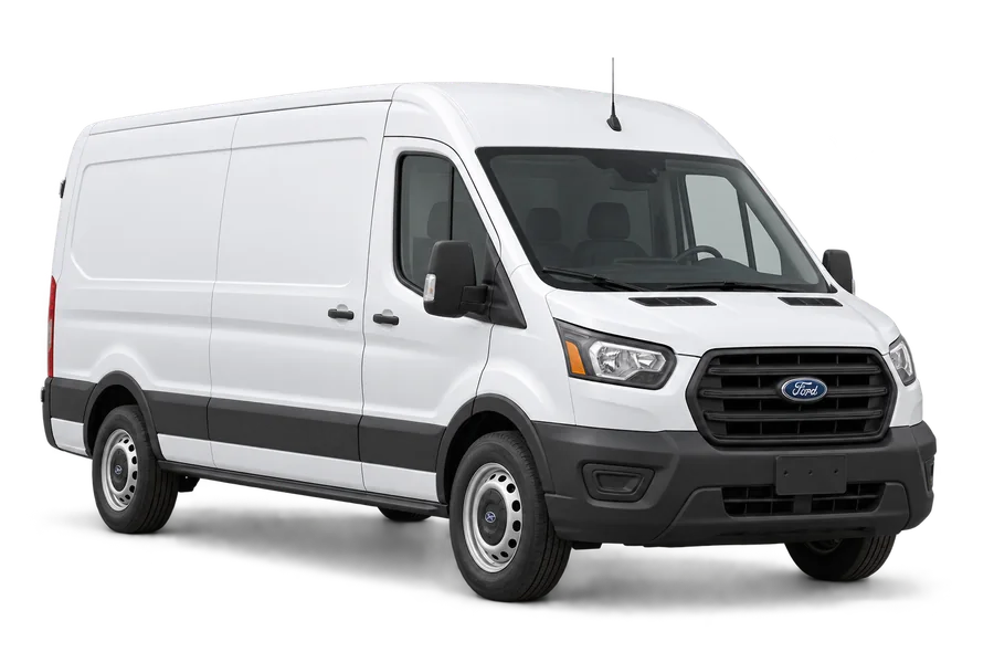 White full-size Ford Transit cargo van shown from the front and driver side