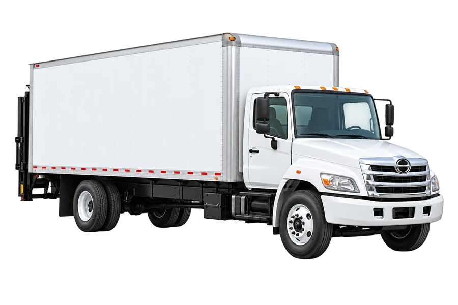 White Hino L6 large box truck shown from the front and driver side