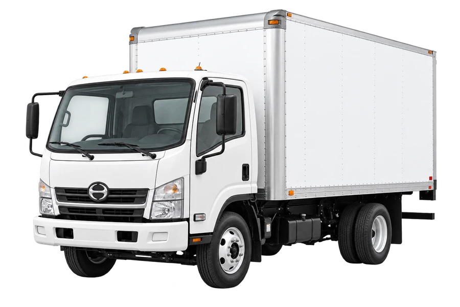 White Light Duty S4 Hino box truck in a front three-quarter view