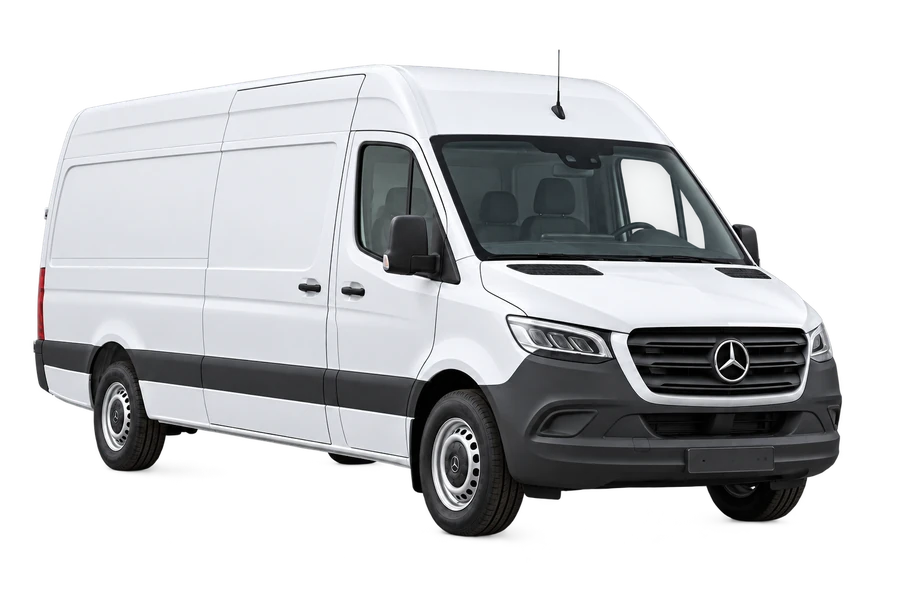 White Mercedes Sprinter cargo van shown from the front and driver side