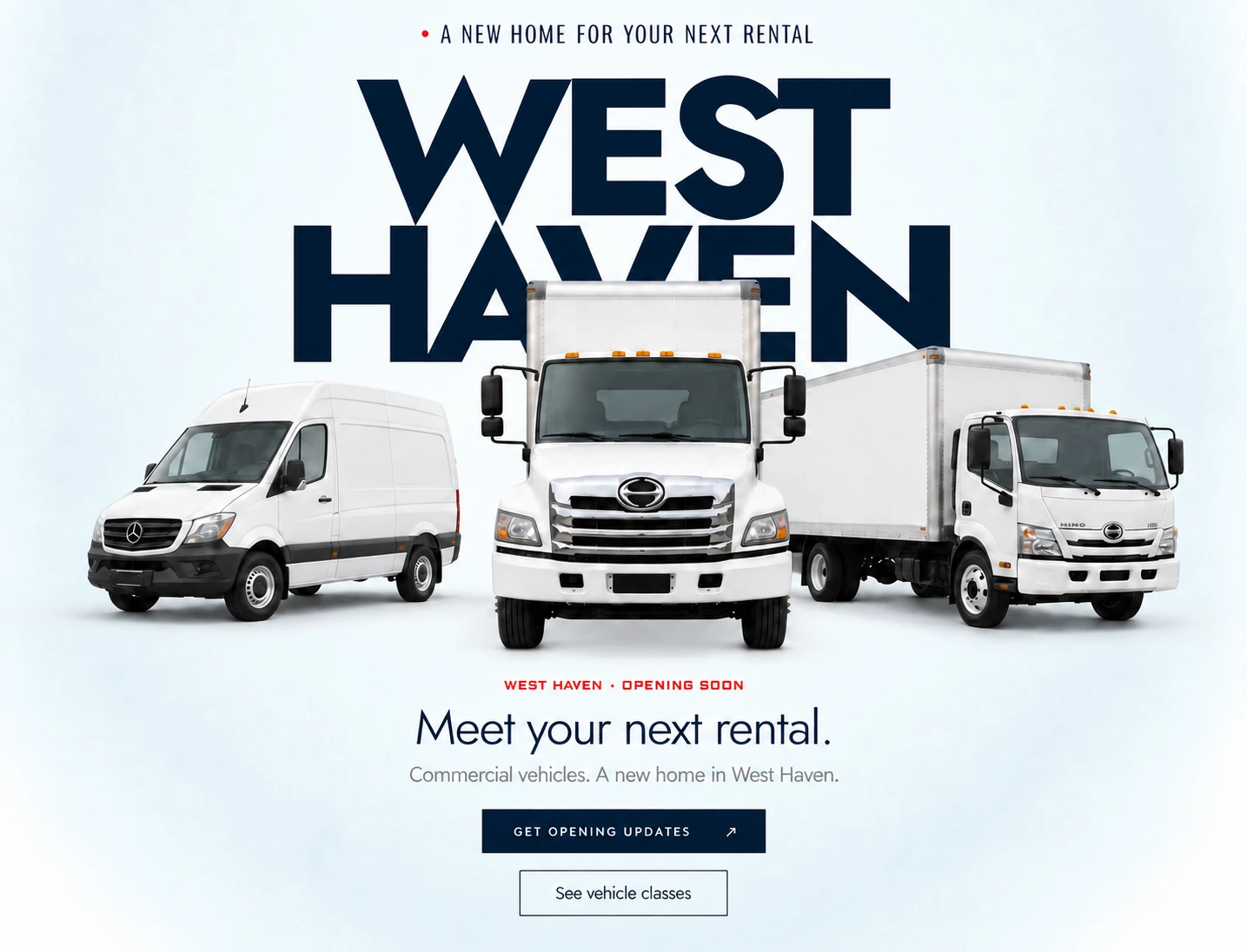 West Haven lettering behind a Mercedes Sprinter, Hino L6 and Light Duty S4 Hino box truck